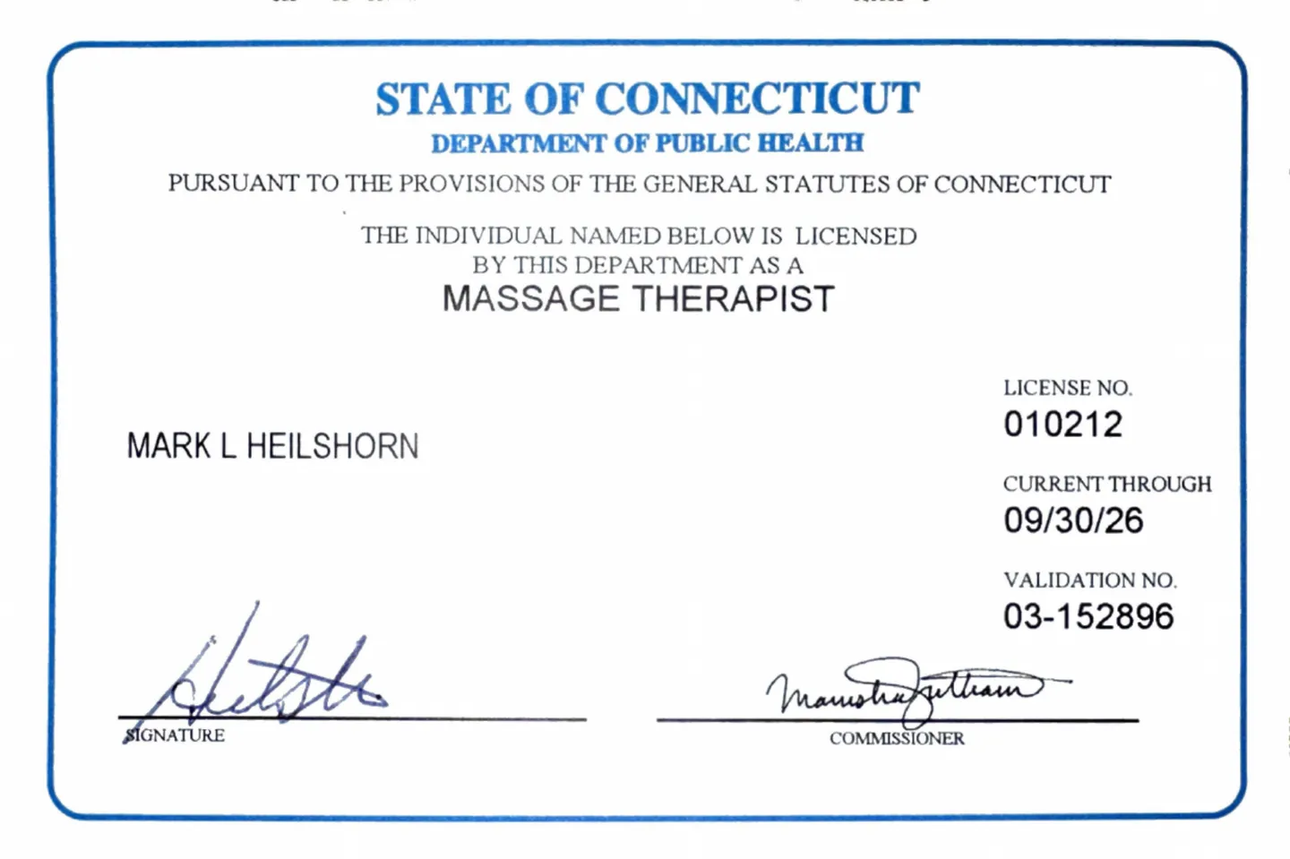 Connecticut massage therapist license issued to Mark Heilshorn