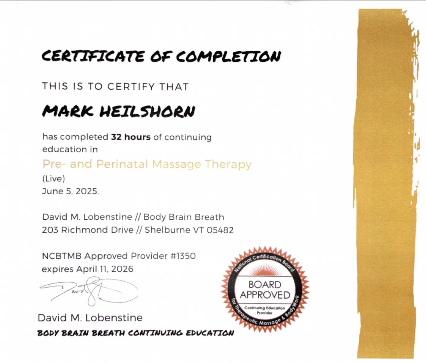 Pre- and perinatal massage training certificate for Mark Heilshorn