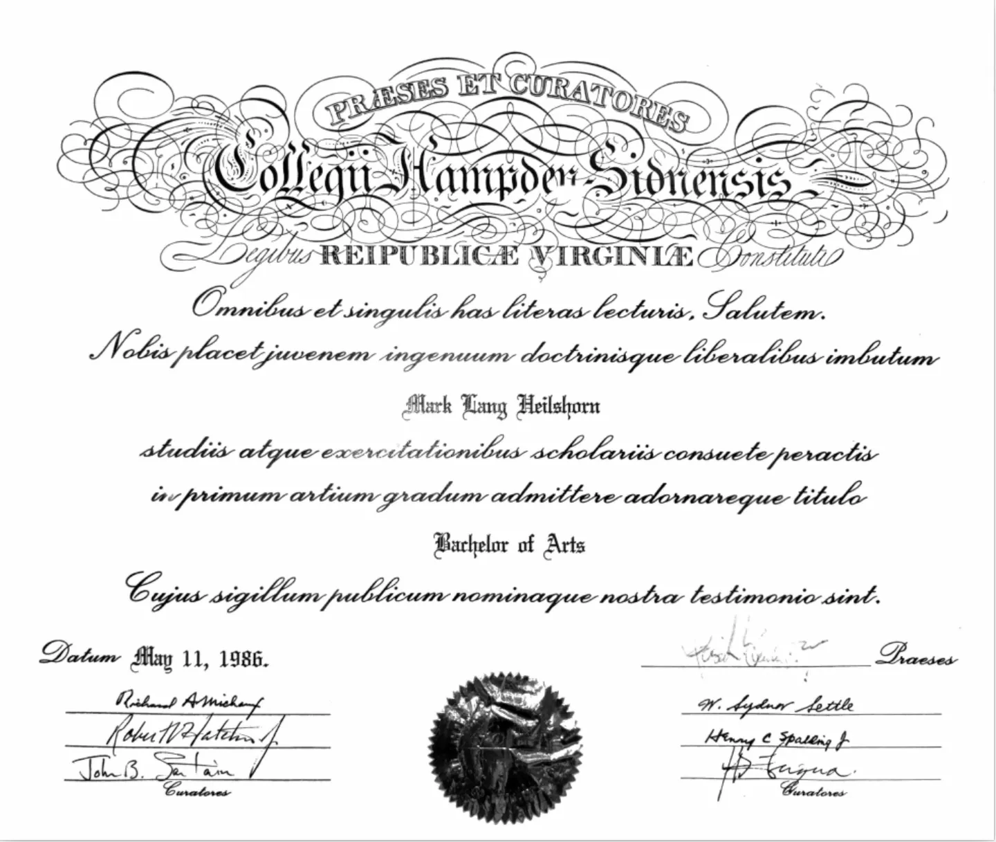 College of William &amp; Mary diploma awarded to Mark Heilshorn