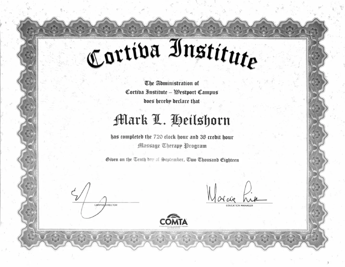 Cortiva Institute massage therapy diploma awarded to Mark Heilshorn