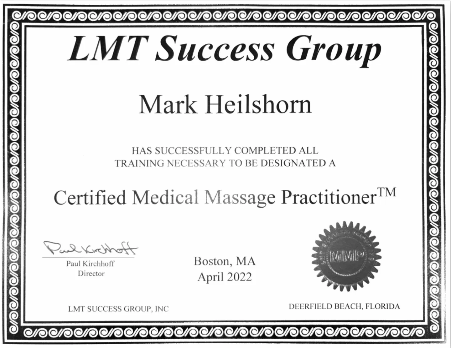Certified Medical Massage Practitioner certificate for Mark Heilshorn