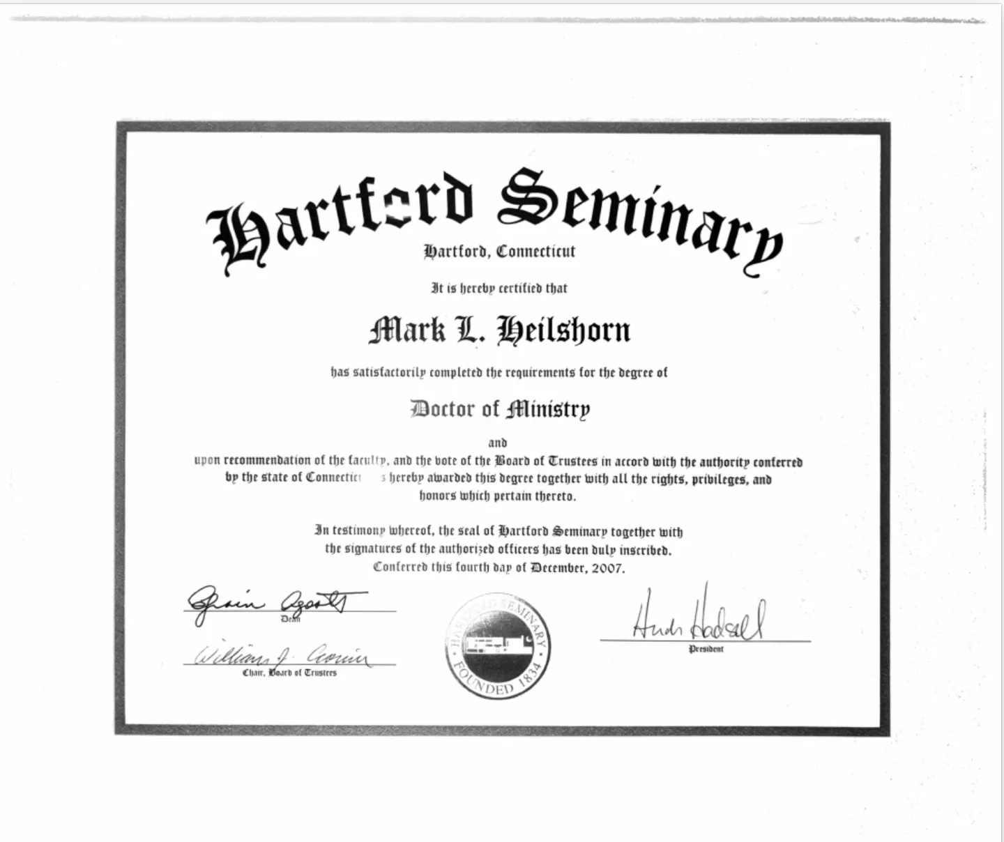 Hartford Seminary diploma awarded to Mark Heilshorn
